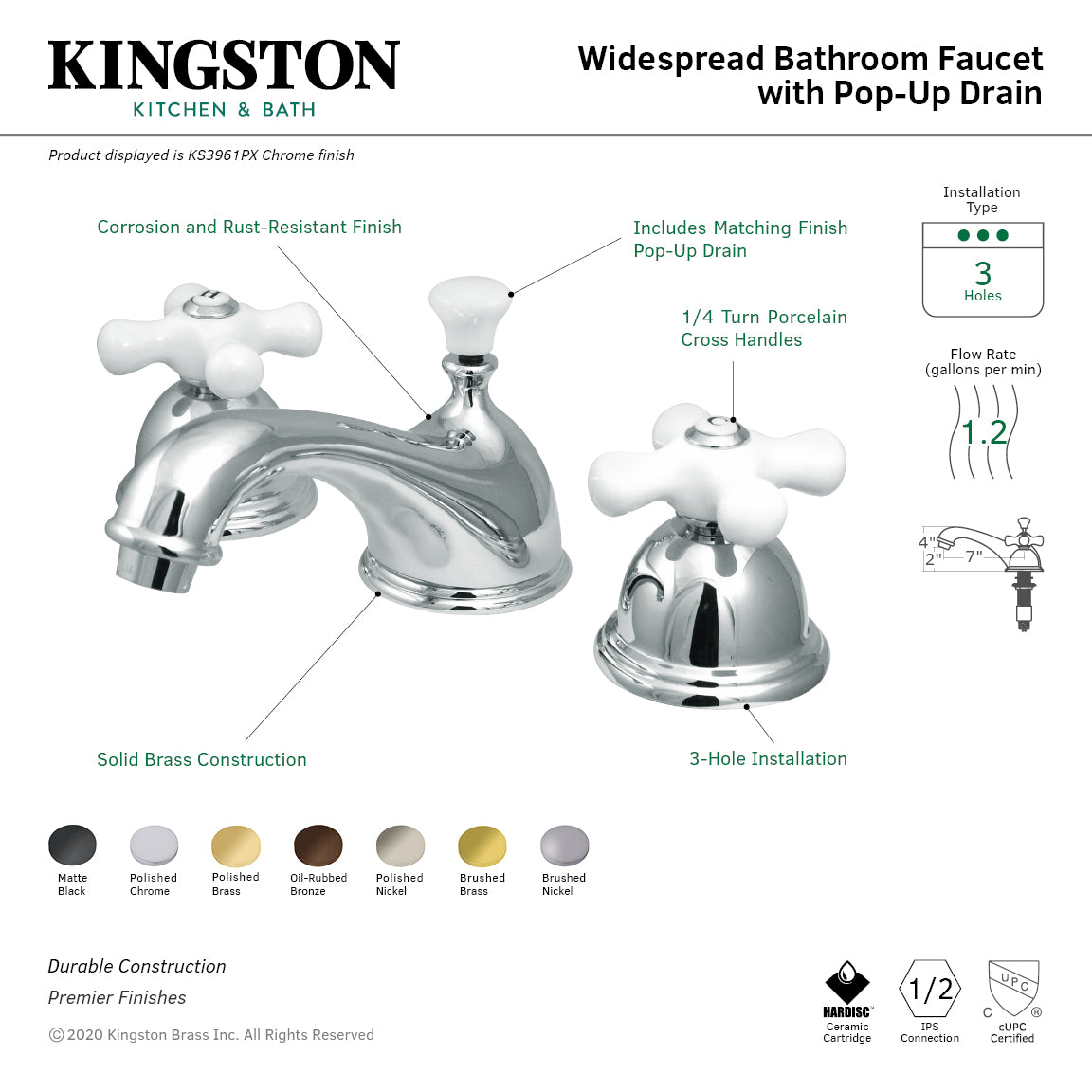 Kingston Heirloom KS3965PX - Restoration Two-Handle 3-Hole Deck Mount Widespread Bathroom Faucet with Brass Pop-Up, Oil Rubbed Bronze — thumbnail 2